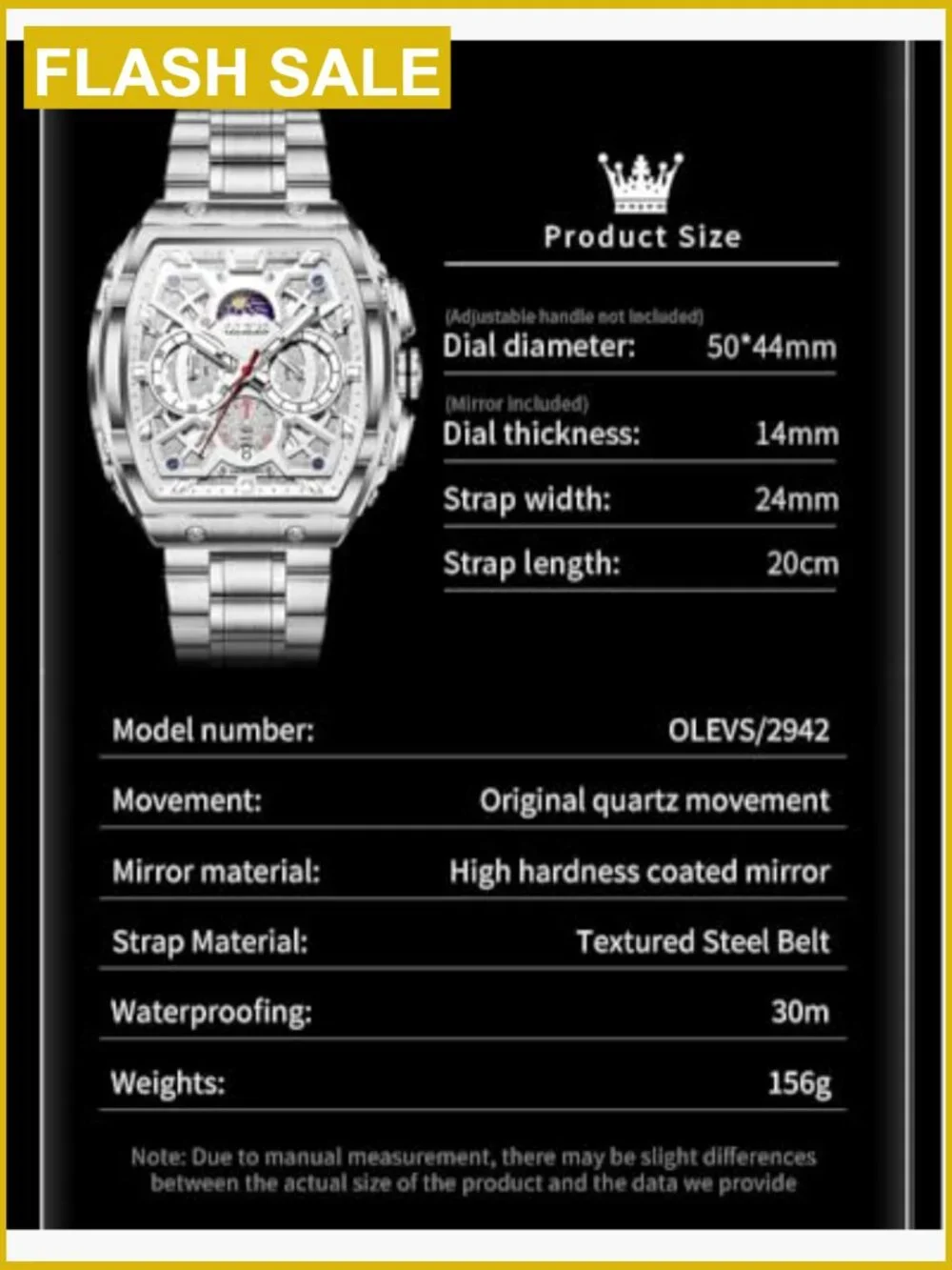 Men's Dress Watch Chronograph Stainless Steel Waterproof Square Face Moon Phase
